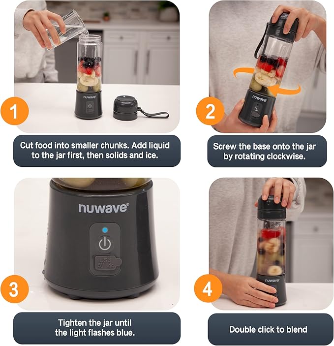 Nuwave Portable Blender with USB-C Rechargeable, 6-Blade for Crushing Ice, BPA Free 18 Oz Jar, Smoothies Blender for Travel, Office and Sports, Obsidian Gray