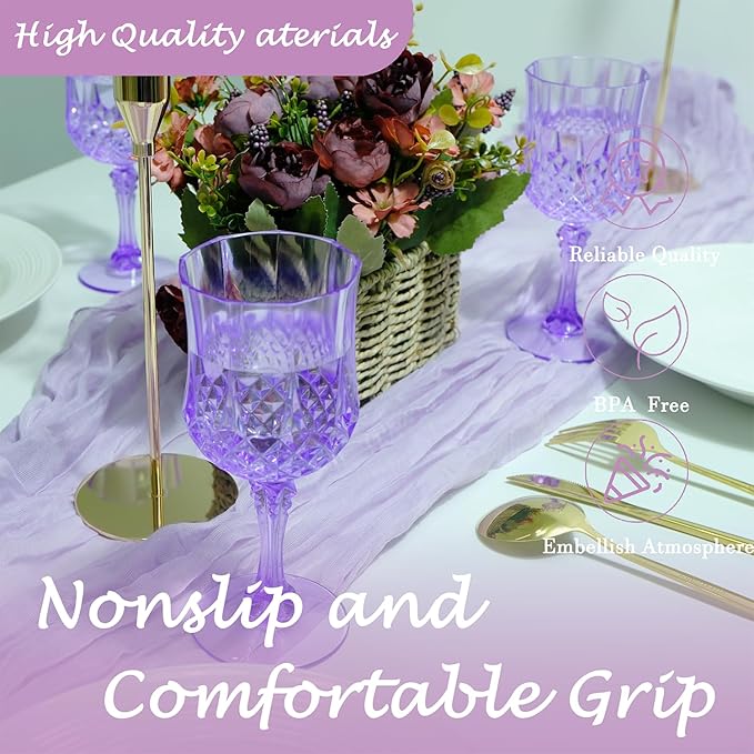 Plastic Wine Glasses, Plastic Goblets Vintage Style Cordial Unbreakable Drinking Glasses, Reusable Drinkware for Wedding Reception, Grand Event Party Supplies (12, Purple)