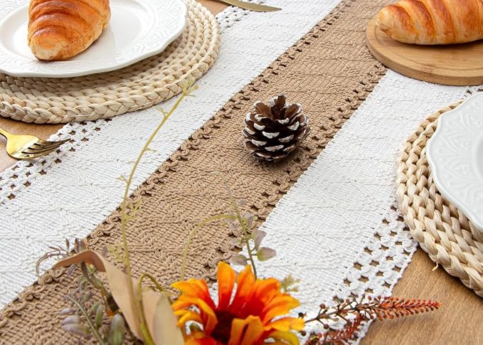 FEXIA Boho Table Runner for Home Decor with Out Tassels 72 Inches Long Farmhouse Rustic Table Runner Macrame Burlap Table Decoration for Living Room Bridal Shower(12x72 Inches)