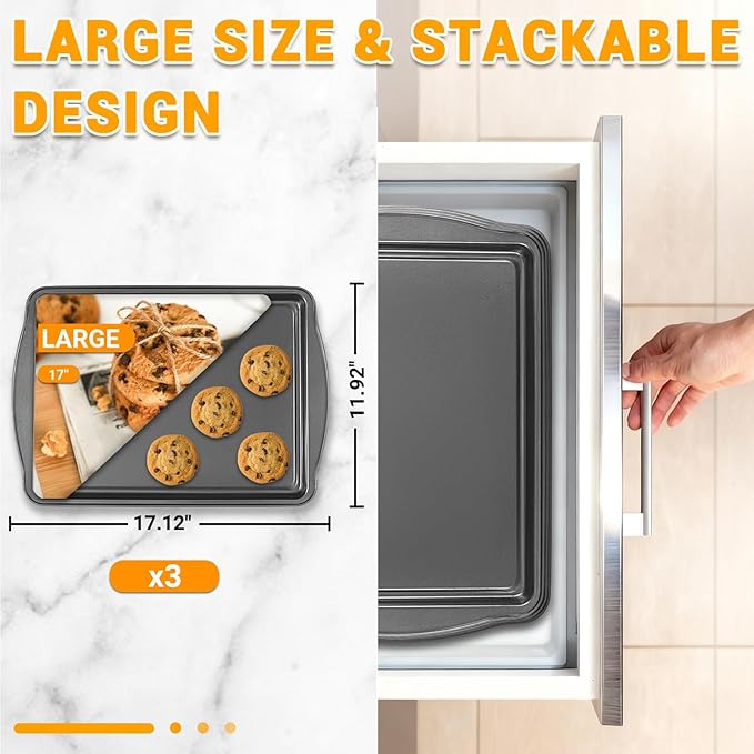Baking Pan Set of 3 - Carbon Steel Baking Sheets Set, 17 Inch, Nonstick Cookie Sheets for Baking, Rust & Warp Resistant & Stackable, Nontoxic & Heavy Duty & Easy Clean