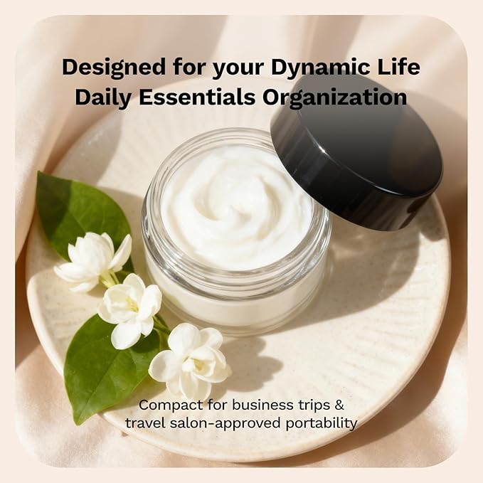 1 oz Round Clear Glass Jars, Bumobum 105 Pack Cream Jars with Black Lids, Black and White Labels & Inner Liners, Empty Cosmetic Containers for Cream, Lotion