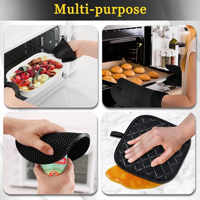 8PCS Oven Mitts and Pot Holders Sets - 480°F Heat Resistant Pot Holders and Oven Mitts, 14.5" Extra Long Silicone Oven Mitts for Cooking, Non-Slip Oven Mitt with Soft Cotton Lining, Black