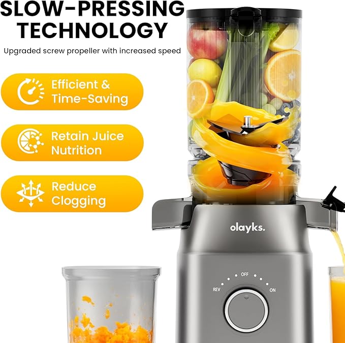Juicer Machines, Cold Press Juicer for Fruit and Vegetable, Masticating Machine with Juice Recipe, Self Feeding Effortless for Batch Juicing,Easy to Clean,High Juice Yield