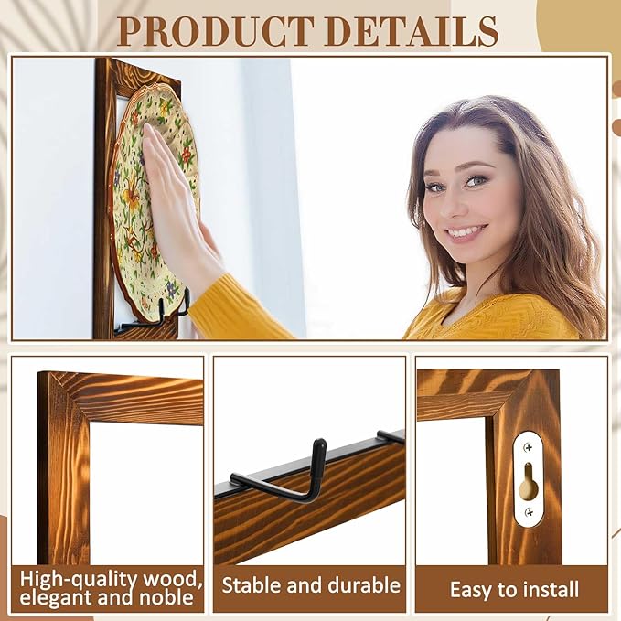 2 Set Plate Hangers, Wall Mounted Wooden Plate Display Holders, Rustic Burnt Solid Wood Frame with Black Metal Hooks for 8 to 11 Inch Plates, Platters & Dishes for Home & Kitchen Decoration
