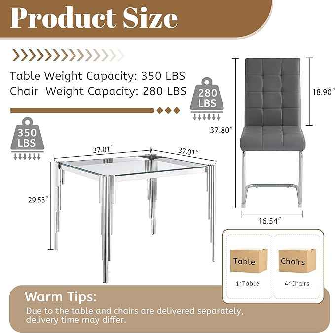AF ARTISAN FURNITURE 37'' Square Glass Dining Table Set for 4, Kitchen Table Chairs Set of 4, Clear Silver Glass Dining Tables with Stainless Steel Legs, 4 Grey PU Dining Chairs, Living Room, Kitchen