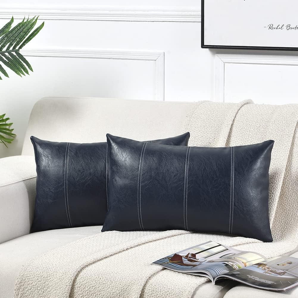 Fancy Homi Navy Blue Long Lumbar Waterproof Faux Leather Decorative Throw Pillow Covers 14x24 Inch for Outdoor Couch Bed, Modern Farmhouse Boho Home Decor, Hand Stitched Cushion Case 35x60 cm