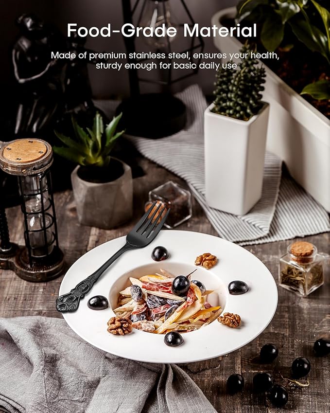 Black Silverware Set, Ollex 24 PCS Retro Royal Silverware Flatware Set for 4 with Spoons Forks Steak Knives Set, Mirror Polished Stainless Steel vintage Black Utensils Set, Dishwasher Safe