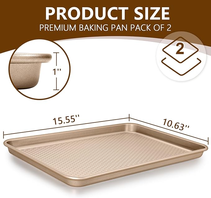Wildone Baking Sheet Pan Set, Honeycomb Embossed Nonstick Baking Sheet 15x10 In, Thicker Carbon Steel Cookie Sheet, Even Heating Jelly Roll Pan, Champagne Gold, 2 Pack