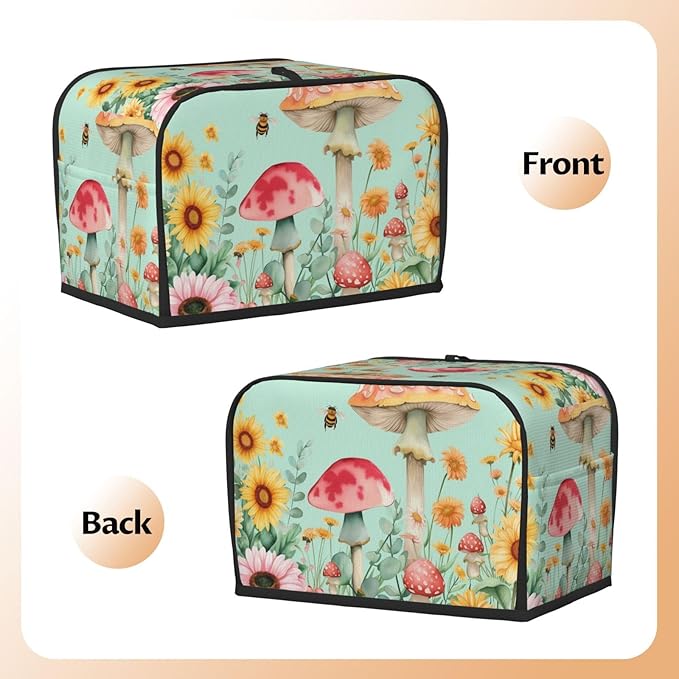 Pastel Sunflowers Mushrooms Toaster Cover 2 Slice, Cute Rural Bread Machine Cover, Washable Dust-Proof Cover for Kitchen Small Appliance Cover,with Top Handle