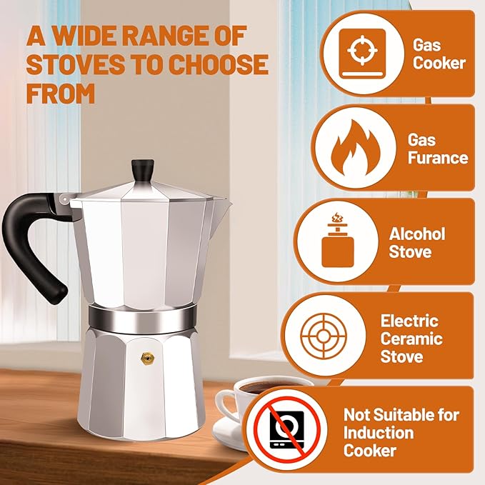 6 Cup Aluminum Espresso Stovetop Moka Pot Express Coffee Maker Percolator Italian Classic Mocha Coffee Machine for Italian and Cuban Cafe Brewing for Home & Camping 300ml 10oz