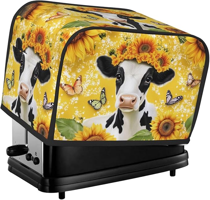 Cow with Sunflower Toaster Cover 2 Slice, Cute Country Bread Machine Cover, Washable Toaster Kitchen Small Appliance Cover Stain Resistant,with Top Handle