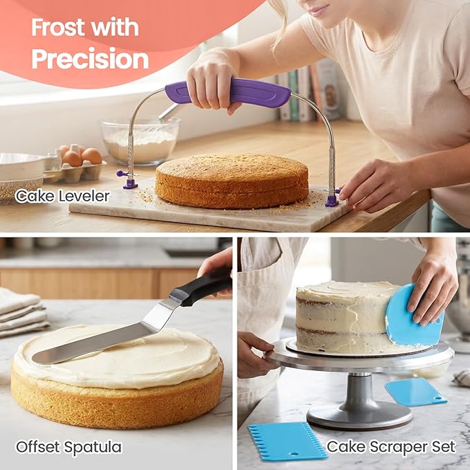 RFAQK 150PCs Cake Pan Set for Baking + Cake Decorating Supplies: 3 Round Non Stick Springform Pan Set (4, 7, 9 inches),24 Icing Tips,Cake Leveler–Multi-functional Leak-Proof Cake Pans & eBook