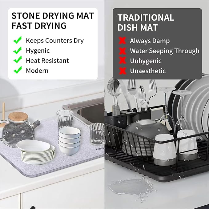 AXIESO Large Stone Dish Drying Mat - Fast Quick Dry Stone Kitchen Counter Pad - 18 x 14 Inches Diatomaceous Earth - Super-Absorbent Shower Bath Mat