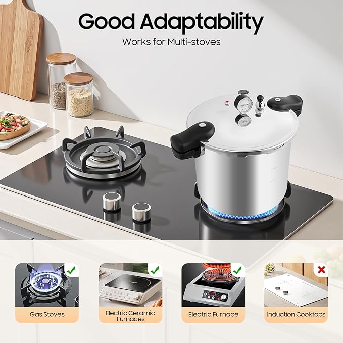 22L/23 Quart Thickened Explosion-proof Pressure Cooker, W/Gauge & Release Valve, Aluminum Alloy Cookware, Serving Up To 30 People, For Large Families Or Gatherings Silver
