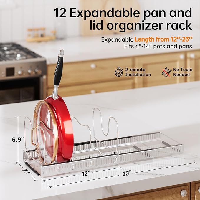 MUDEELA Pot Rack - Expandable Pots and Pans Organizer under Cabinet, Pot Lid Organizer Holder with 12 Adjustable Compartment, Kitchen Cabinet Organizer and Storage for Cutting Board, Skillets Pan