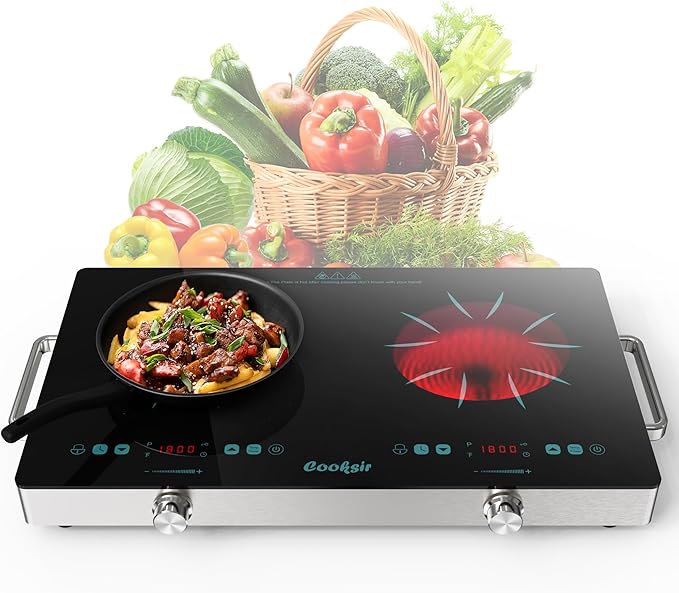 2 Burner Electric Cooktop - 24 Inch Portable Electric Stovetop 110V, 2000W Countertop Tow Burner Ceramic Cooktop with LCD Control Panel, Child Lock, Timer, Knob Control with Plug (Green)