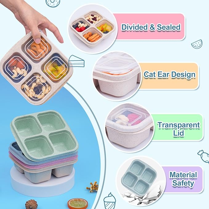 4 Pack Snack Containers, 4 Compartments Snack Box Container with Lids, Reusable Meal Prep Lunchable Container for Adults, Microwave Dishwasher Safe, Stackable Bento Snack Boxes for Work, Travel