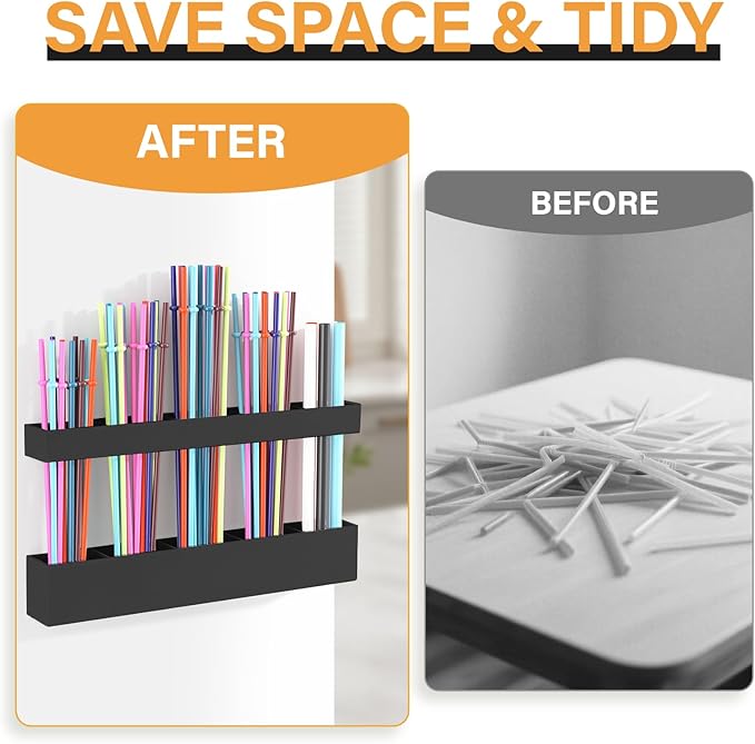 Straw Holder for Cabinet Door, Reusable Tumbler Straw Organizer Storage Container Mount for Kitchen Counter Cupboard Door (Black, 9.5inch)