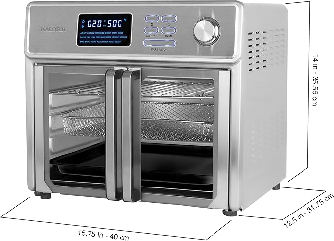 Kalorik MAXX Air Fryer Oven, 26 Quart 10-in-1 Countertop Toaster Oven & Air Fryer Combo - Fry, Bake, Roast, Rotisserie, & More, Large Glass French Doors & 9 Accessories, 1700-Watts, Stainless Steel