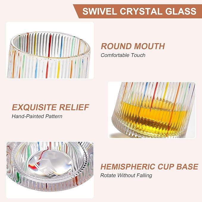 Rotatable Old Fashioned Glass Cup, 275ml/10oz Crystal Whiskey Glass, Wood Coaster, Thickening, Used as Rum Glass, Cocktail Cup, Coffee, Milk to Relax and Reduce Stress, Ideal Gift