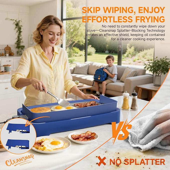 Cleansnap Everyday Electric Griddle,The Ultimate Gift for Family Feasts - 20” Nonstick Grill with Foldable Anti-Mess Shield, Rapid 1700W Heat&PPG Ceramic Coating, Dishwasher Safe, Ocean Blue
