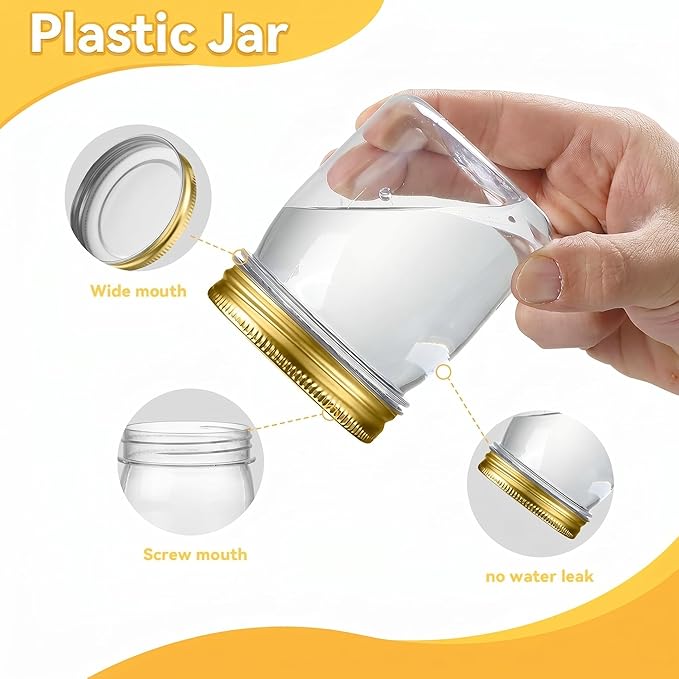 novelinks 8 oz Clear Plastic Jars with Airtight Lids, 48 Pack Plastic Mason Jars with Lids 8oz, Refillable Storage Slime Containers & Small Spice Jar for Kitchen Organization (48 Pack,Gold)