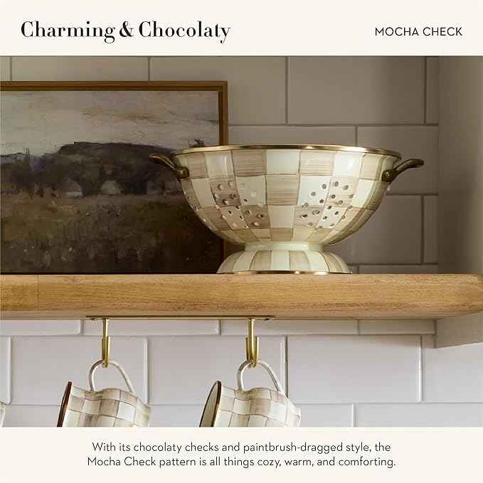 MACKENZIE-CHILDS Enamel Colander, Decorative Kitchen Strainer, Small, Brown-and-White Mocha Check