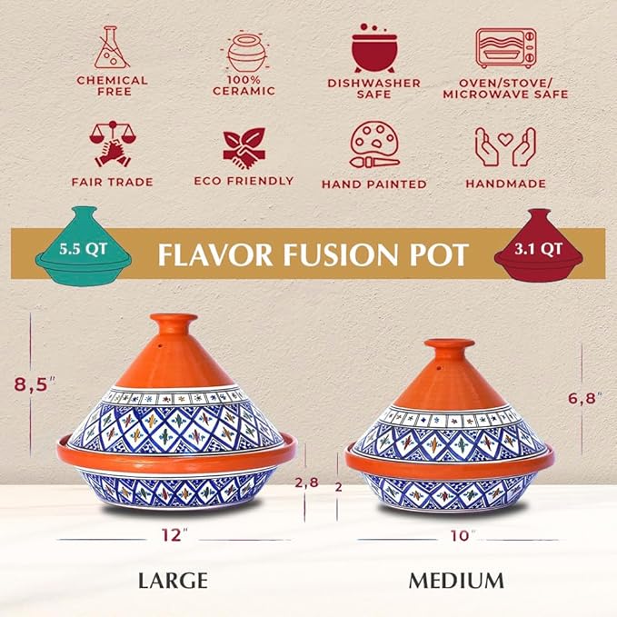 Kamsah Tagine Pot for Cooking and Flavor Enrichment - Large Clay Pot 12”, 5.5 QT - Non-Stick Handmade Cookware - Moroccan Ceramic Pots for Cooking with Lid & Serving Bowl - Bohemian Supreme Blue