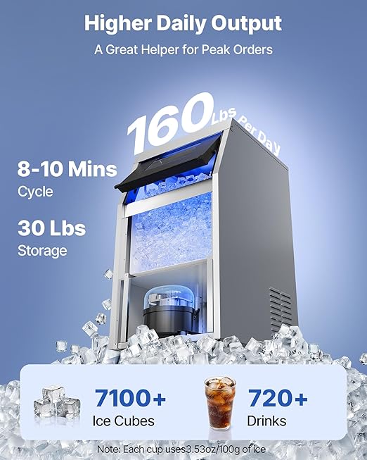 VEVOR Commercial Ice Maker Machine, 160 lbs/24h with 30 lbs Storage Capacity, Built-in/Freestanding/Under Counter, Stainless Steel Ice Maker with LED Display & Self-Cleaning, for Home Bar Restaurant
