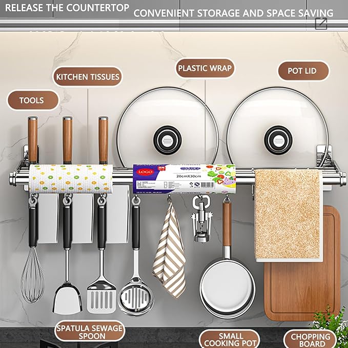 Hanging Wall Mount knife Wall Mount, Kitchen Organizer Storage Shelf for Utensils Spatula Spoon, Space-Saving Knife Rack with Hooks,Wall-Mounted Utensil Holder (Silver, 60CM+Single Pole+10Hooks)