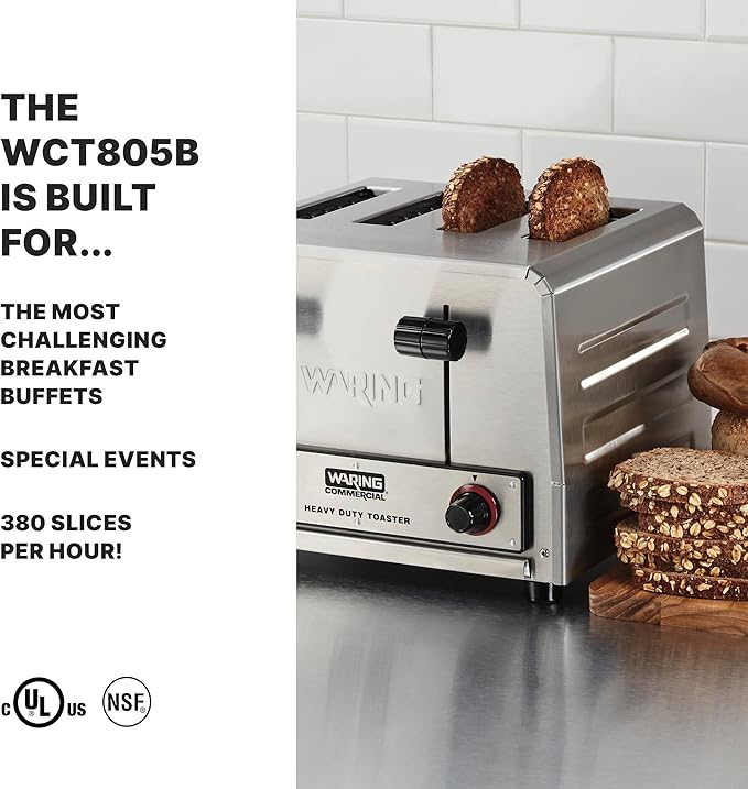 Waring Commercial WCT805B 4-Slice Heavy Duty Commercial Pop-Up Toaster, 208/240V, 2028/2700W, 6-20 Phase Plug, Silver, 10.5 x 11.5 x 9 inches