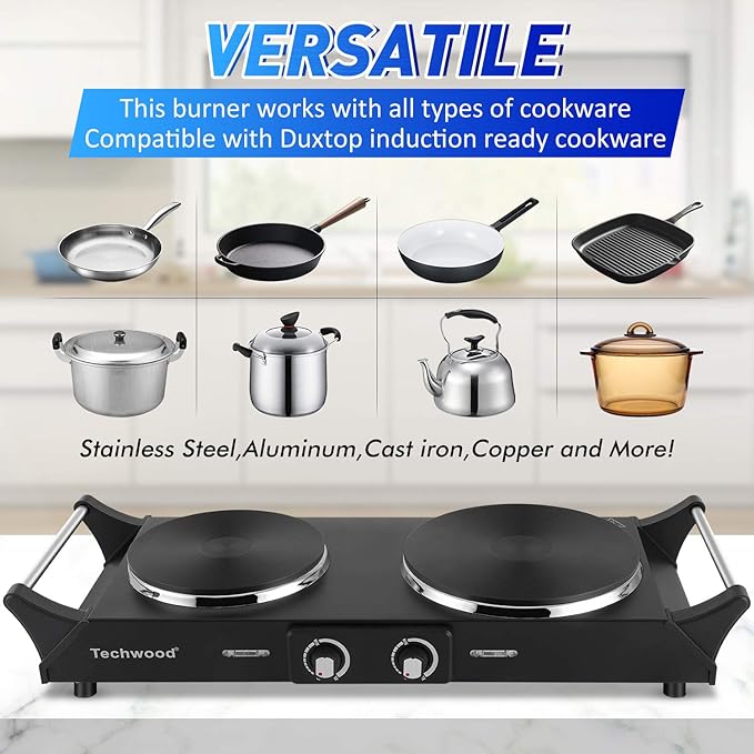 Techwood 1800W Hot Plate Portable Electric Stove Countertop Double Burner with Adjustable Temperature & Stay Cool Handles, 7.5” Cooktop for RV/Home/Camp, Compatible for All Cookwares