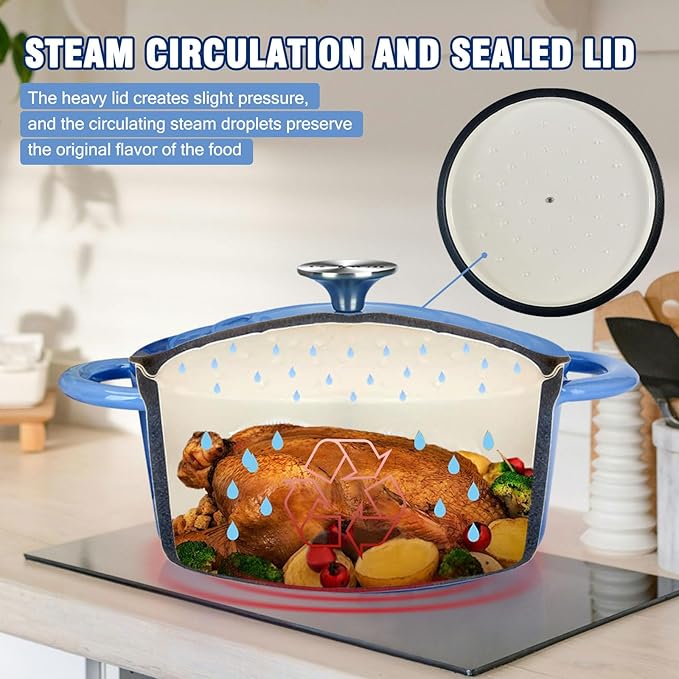 5QT Cast Iron Dutch Oven with Lid, Heavy-Duty Enameled Soup Pot with Dual Handles and Oven Safe for Bread Baking, Braising, Cooking and Family Gifts, Blue