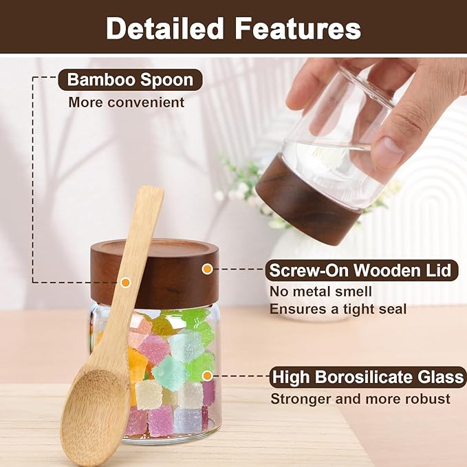 5oz Glass Jars with Wood Lids, 2 Pack 160ml Clear Glass Mason Jars with Airtight Wooden Lids, Screw Top Coffee Canister, Kitchen Pantry Storage Containers for Sugar, Spice, Tea, Candy, Nuts