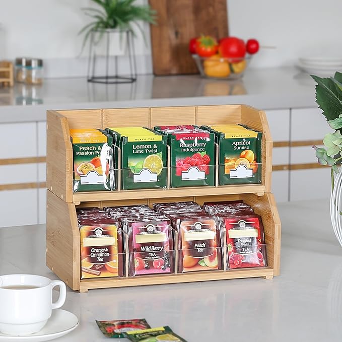 TIOPGHAD 2-Layer Stackable Bamboo Tea Bag Organizer Storage Holder & Rack - Wooden Tea Box Containers - Stand for Countertop or Cabinet