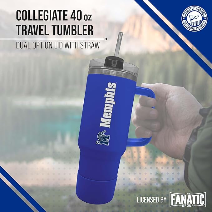 Campus Colors College & University 40 oz Travel Tumbler With Handle - Dual Option Lid With Straw - Vacuum Insulated Stainless Steel (Memphis Tigers - Royal)