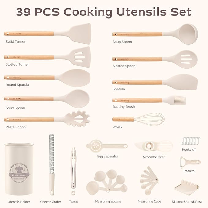 Astercook Kitchen Utensils set, 39 PCS Silicone Cooking Utensils Set with Wooden Handle, 446°F Heat Resistant Food Grade Utensil Sets, BPA Free Kitchen Gadgets Tools Set for Nonstick Cookware (Cream)