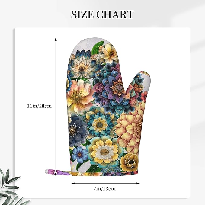 Mandala Boho Oven Mitts and Pot Holders Set Silicone Kitchen Gloves Potholders Heat Resistant for Chef Baking Cooking Grilling BBQ (Set of 4)