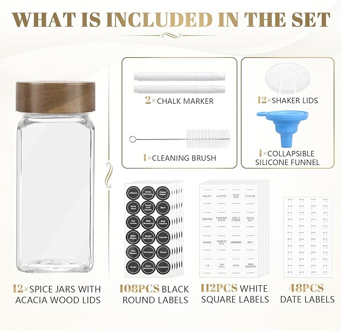 ZEHIQ 12Pcs 4oz Square Glass Spice Jars with Moisture-Proof Acacia Wood Lids, Food-Grade Seasoning Containers with Shaker Lids, 268 Labels, Markers, Funnel & Brush for Pantry Cabinet Drawer Storage