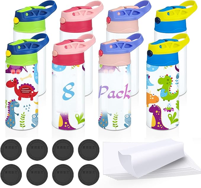 Kids Sublimation Tumbler,8 PACK 12oz Stainless Steel Sublimation Sippy Cup,Double Wall Insulated Kids Tumbler with Handle,Spill Proof lid,Shrink Films,Silicone Bottoms,for Water,Drinks