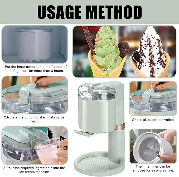 Ice Cream Maker, Homemade Electric Soft Serve Maker Machine,for Gelato, Mix-ins and Milkshakes, Double Insulated Frozen Yogurt Maker Machine,Easy to Clean and Use,1 L Green