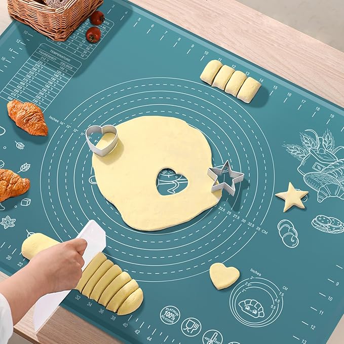 Silicone Pastry Mat 28" x 20" Extra Thick Non Stick Baking Mat with Measurements and Edge Heightening, Food Grade Silicone Rolling Mat for Pastry, Bread, Cookies, Pizza, Fondant, Pasta