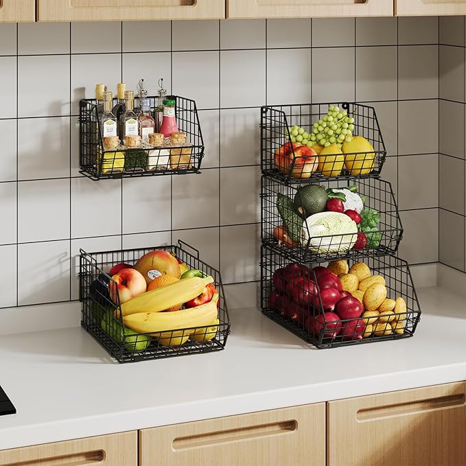 X-cosrack Stackable Wire Baskets for Counter, Fruit and Vegetable Storage, Potato and Onion Storage Bin，Kitchen Pantry Organizer - Wall Basket for Produce/Snack/Can, 3-tier Large, Black
