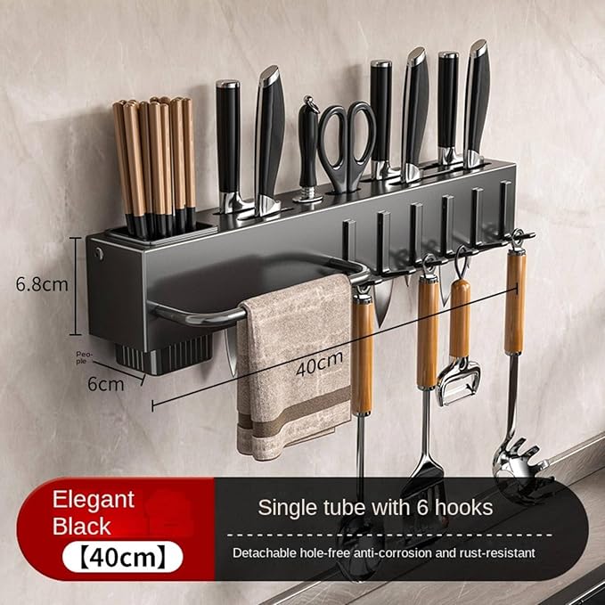 New Multi-Functional Kitchen Rack Home Wall-Mounted Knives Chopstick and Spoon Storage Rack Punch-Free cookware draining Rack, 40, Black