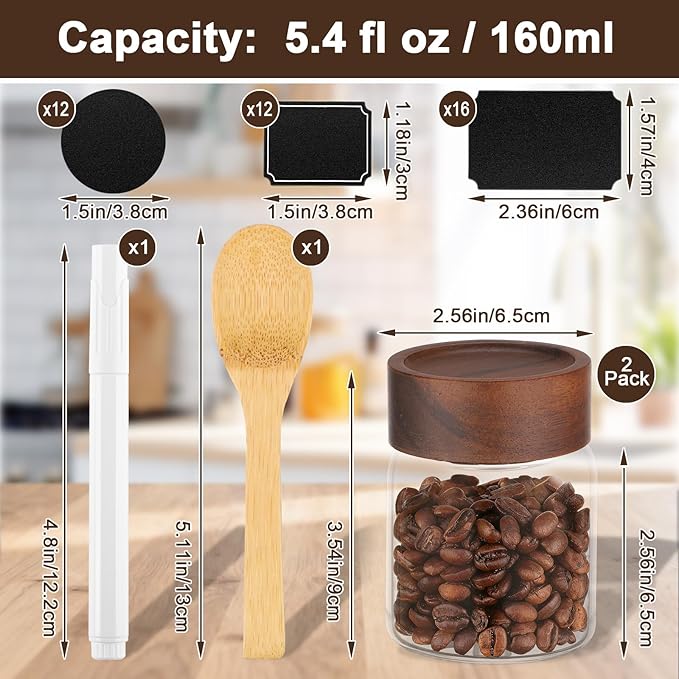5oz Glass Jars with Wood Lids, 2 Pack 160ml Clear Glass Mason Jars with Airtight Wooden Lids, Screw Top Coffee Canister, Kitchen Pantry Storage Containers for Sugar, Spice, Tea, Candy, Nuts
