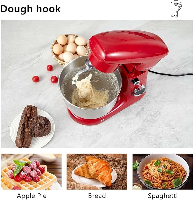 Stand Mixer, 3 in 1 Stand Mixer, 5.5Qt Electric Mixer, Mixer with Stainless Dough Hook, Wire Whip & Beater, Food Mixer for Baking, Cake and Most Home Cooks, Red