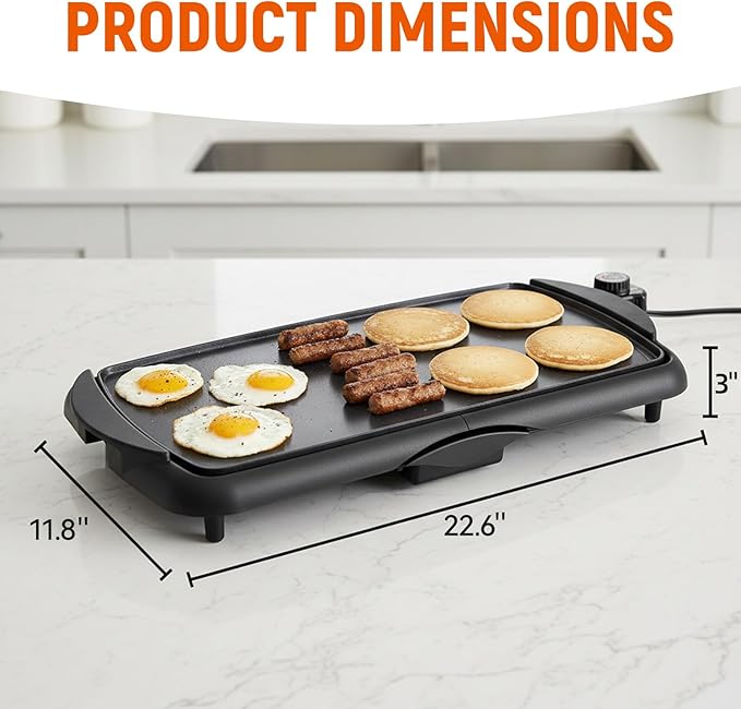 20" Electric Griddle, Ceramic Non-Stick Baking Pan Attemperation Griddle, 1400W Family-Sized Electric Skillet Extra Large Surface and Adjustable Temperature, Slide-Out Drip Tray, Black