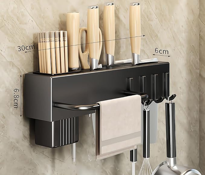 SEIDO Carbon Steel Utensil Rack – Space-Saving 12" L Kitchen Organizer with hooks & hanging bar, Matte Black Knife Holder, 2 Installation Options (Adhesive/Screwed)