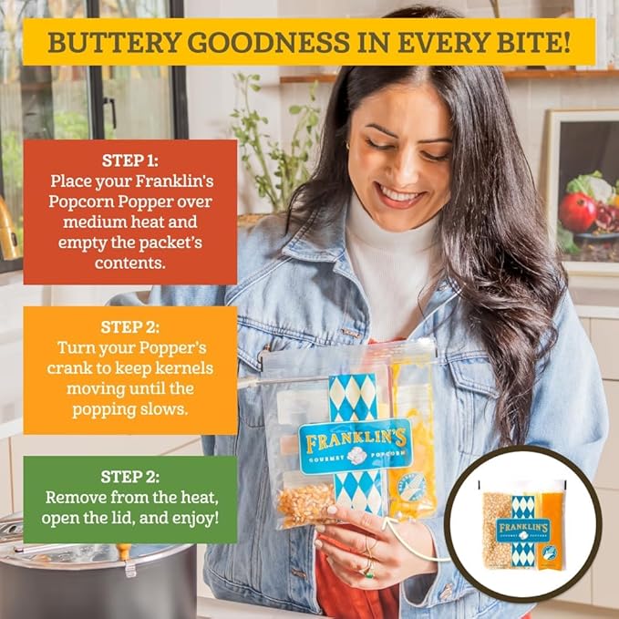 Franklin’s Gourmet Popcorn All-In-One Pre-Measured Packs - 4oz. Pack of 10 - Butter Flavored Coconut Oil + Butter Salt Popcorn Seasoning + Organic Corn - Authentic Movie Theater Taste – Made in USA