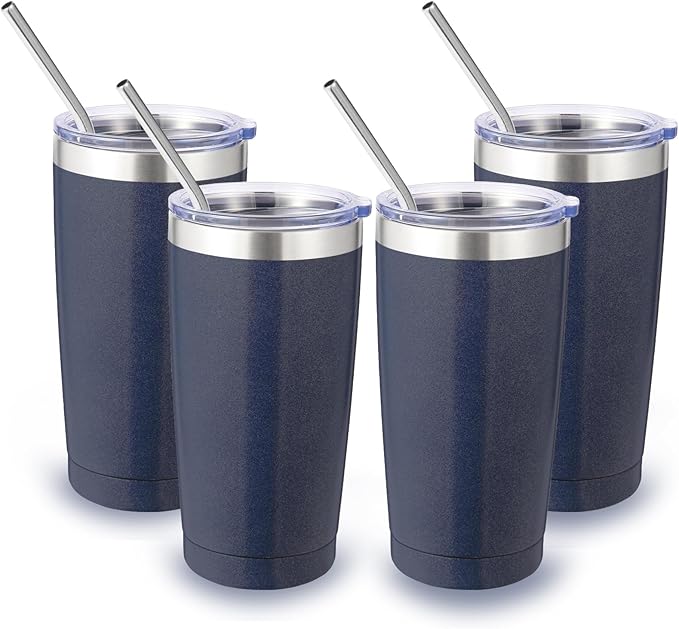 Volhoply 20oz Stainless Steel Tumbler with Lid and Straw Bulk 4 Pack,Double Wall Insulated Travel Iced Coffee Mug Fits Cup Holder,Powder Coated Cups for Hot/Cold Drinks,Gifts for Women（Navy,4 Set）